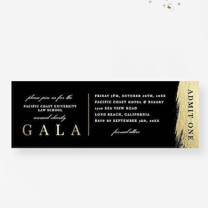 Gala Ticket Vorlage, Schwarz und Gold Gala Ticket-Einladung, Geben Sie ein druckbares digitales Download, Business Event Tickets