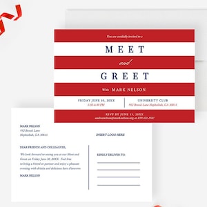 Modèle modifiable de carte postale Meet and Greet 6 x 4 pouces, rayures rouges et blanches, parti politique, téléchargement numérique d'entreprise