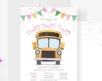 2nd Birthday School Bus Party Invitation Editable Template in Pink, Printable Digital Download, Wheels on the Bus Invitation Turning 2 Two