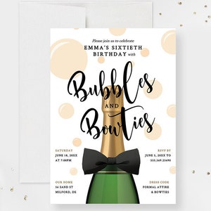Bubbles and Bowties Champagne Birthday Party Invitation, 30th 40th 50th 60th Invites Digital Download, Bridal Brunch and Bubble Template