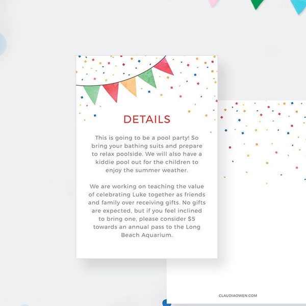 Confetti Information Card Template, Printable Details Card, Info Card, Kids Birthday Insert Card, Digital Editable File Enclosure Cards