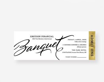 Banquet Ticket Template, Admit One Printable Digital Download, Elegant Ticket Invitation Event Tickets in Black White and Gold