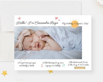 Plantilla editable de anuncio de nacimiento con foto, lindo anuncio de recién nacido para descargar al instante, tarjeta de nacimiento con foto imprimible para niños y niñas