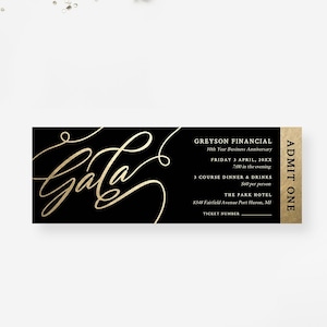 Goldene Gala Ticket Vorlage, geben Sie ein druckbares digitales Download, Schwarz und Gold-Einladung, Ereigniskarten