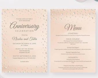 Pearl Wedding Anniversary Invitation and Menu Template, Pearl Birthday Invitation Printable Digital Download, 30th Anniversary Party Invites