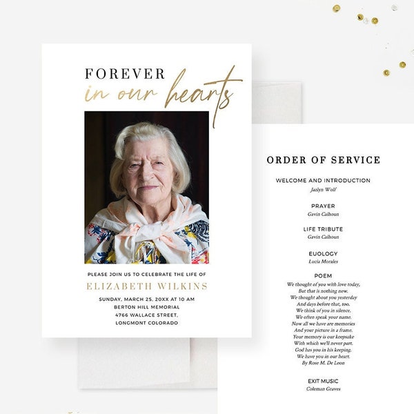 Forever In Our Hearts Memorial Card Template, Celebration of Life Invitation with Photo, Funeral Program Instant Download, Order of Events