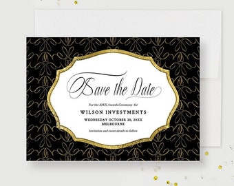 Puede incluir: Tarjeta de reserva de fecha negra y dorada con un borde decorativo y el texto "Save the Date" para la Ceremonia de Premios 20XX de Wilson Investments, miércoles 20 de octubre de 20XX, Melbourne. Invitación y detalles del evento a seguir.