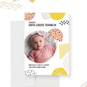 Aankondigingskaart baby met foto, kleurrijke geboortekaartjes, zwangerschapskaart digitaal bestand, kaarten pasgeboren baby, kaart aankomst nieuwe baby