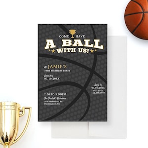 Faire-part de fête d'anniversaire de basket-ball pour enfants à imprimer, 10, 11, 12 13 14 15 anniversaire, basket-ball, faire-part, cartes d'anniversaire sur le thème du sport