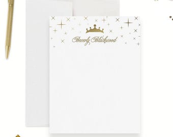 Princess Crown Personalized Stationery Gold Tiara Note Card Set for Girls Custom Thank You Cards Kids Royal Birthday Party Stationery