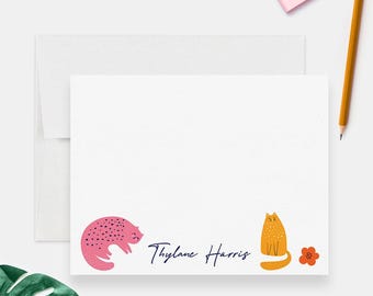 Cat Stationery Set Personalized Note Cards for Cat Lovers Flat Cards Custom Thank You Gift for Women Animal Lover Writing Set