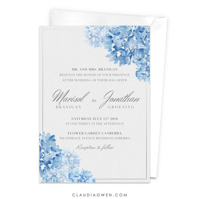 Floral Wedding Invitation Floral Invites Elegant Wedding Blue Etsy