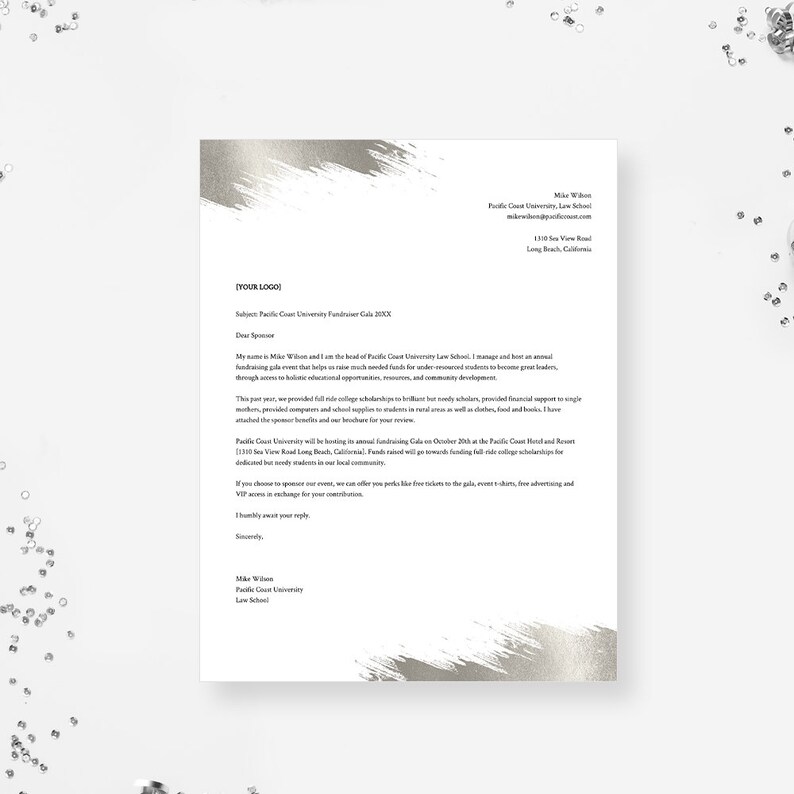 May include: A formal letter from Mike Wilson, head of Pacific Coast University Law School, requesting sponsorship for the annual fundraiser gala. The letter details the event's purpose, benefits, and sponsorship opportunities.