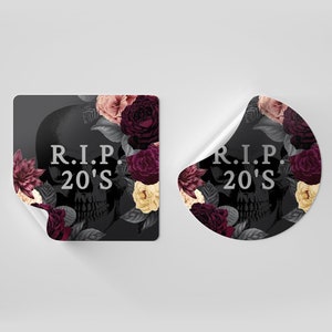 Plantilla editable de calcomanía RIP 20s, calcomanía imprimible digital de cumpleaños de funeral RIP 30s, 40s, 50s, 1 x 1 pulgada, calcomanía de calavera