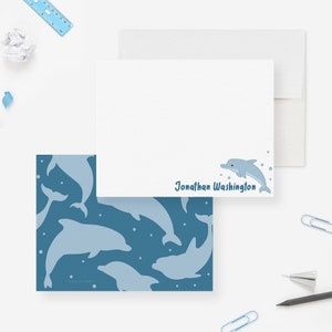 Carte de correspondance dauphin, papeterie personnalisée enfant, cartes de remerciement dauphins pour baby shower sur le thème de l'océan, cadeaux baleines mignonnes