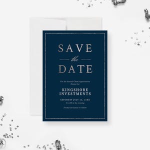 Save the Date-kaartsjabloon, zilver en blauw Corporate Business Save the Date nodigt uit tot afdrukbare digitale download, Instant Download