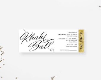 Può includere: Un biglietto per evento rettangolare con sfondo bianco e una striscia verticale dorata testurizzata sulla destra. Il testo recita Khaki Ball, Saturday July 20, 20XX, 7:00 in the evening, The Old Carson Hotel, 382 Old Carson Drive, Vernon Hills, IL.