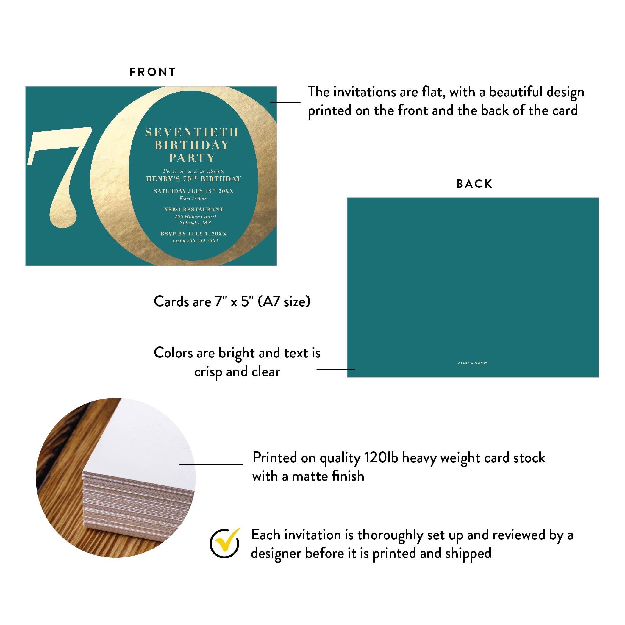 Teal and Gold 70th Birthday Party Invitation Card, Seventieth Birthday ...