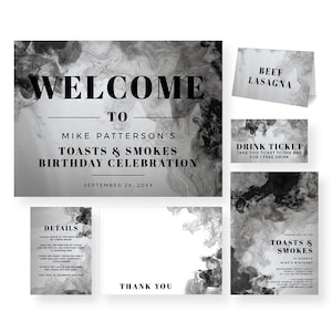 Paquete de plantillas editables para invitaciones a fiestas de cumpleaños de hombres, tostadas y humo, descarga digital imprimible, letrero de bienvenida para despedidas de soltero