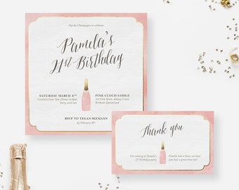 Champagne Birthday 18th 21st 30th Birthday Party Invitation Thank You Note, Pink Champagne Drinks Invites, Champagne Bridal Shower Party