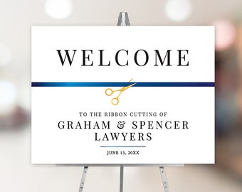 Welcome Sign Editable Template, Grand Opening Printable Sign 24 X 18 Inches Digital Download, Launch Party Blue Ribbon Cutting Ceremony