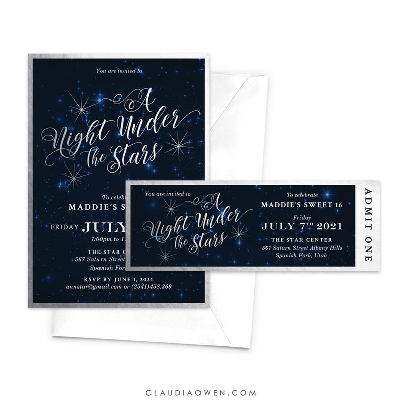 A Night Under the Stars Teen Birthday Party Sweet 16 Party Invitation and Ticket Starry Night Sweet Sixteen Quincea\u00f1era