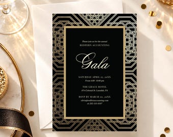 May include: A black and gold rectangular invitation card featuring a geometric border pattern. The text reads: Please join us for the annual REDFERN ACCOUNTING Gala, SATURDAY APRIL 15, 20XX, From 6:00- 10:00 pm, THE GRACE HOTEL, 876 Colonial St. Lansdale, PA, RSVP BY MARCH 10, 20XX.