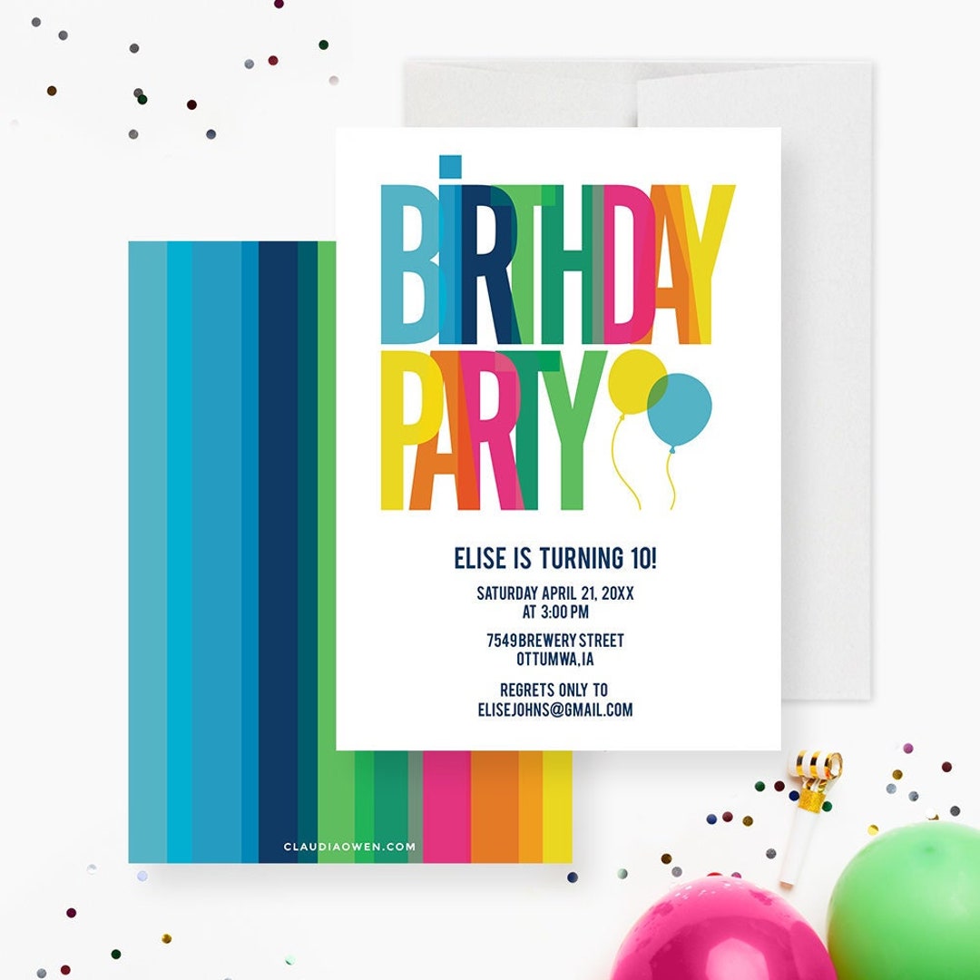 Kid's Birthday Party Invitation, Children's Bright Birthday Invites