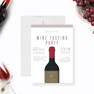 Wine tasting party invitation featuring a modern wine bottle illustration and elegant typography on a white background