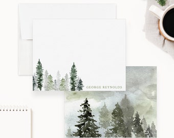 Personalized Watercolor Pine Forest Note Card, Forest Thank You Cards with Envelopes, Custom Pine Tree Thank You Note, Holiday Stationary