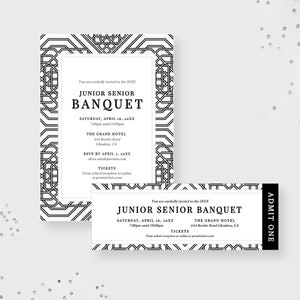 Junior Senior School Abschlussball Einladung und Ticket bearbeitbare Vorlagenset, elegante druckbare digitale Download Abschlussballparty