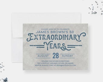 Op de afbeelding: Een rechthoekige uitnodigingskaart met een lichtgrijze, getextureerde achtergrond en blauwe tekst. De kaart vermeldt: PLEASE JOIN US TO CELEBRATE JAMES BROWN'S 50 EXTRAORDINARY YEARS AUGUST 28 SUNDAY HOLIDAY INN DOVER-DOWNTOWN 1261 N DUPONT HIGHWAY, DOVER, DELAWARE.