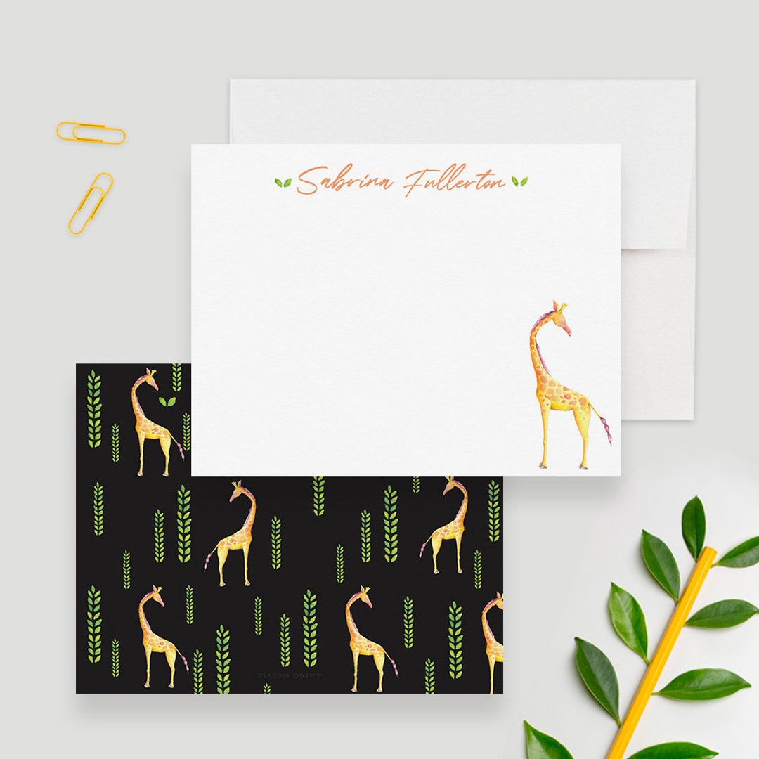 Personalized Giraffe Stationery Set, Giraffe Animal Thank You Flat Note ...