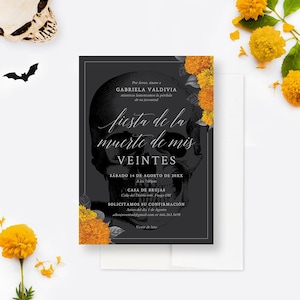 Fiesta de la Muerte de mis Veintes Cempasuchil Party Invitation Template 30th 40th Birthday Spanish Mexican Marigold Flowers