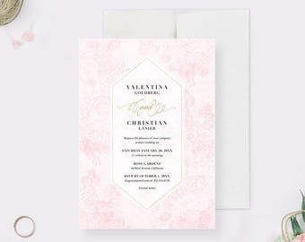 Blush Pink Floral Wedding Invitation Template Editable Gold Frame Printable Romantic Garden Wedding Invite Instant Download