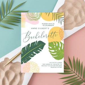 Modelo editável de convite para festa de despedida de solteira tropical, convites para festa havaiana, download instantâneo, folhas de palmeira de verão, cartões de aniversário de 21 anos