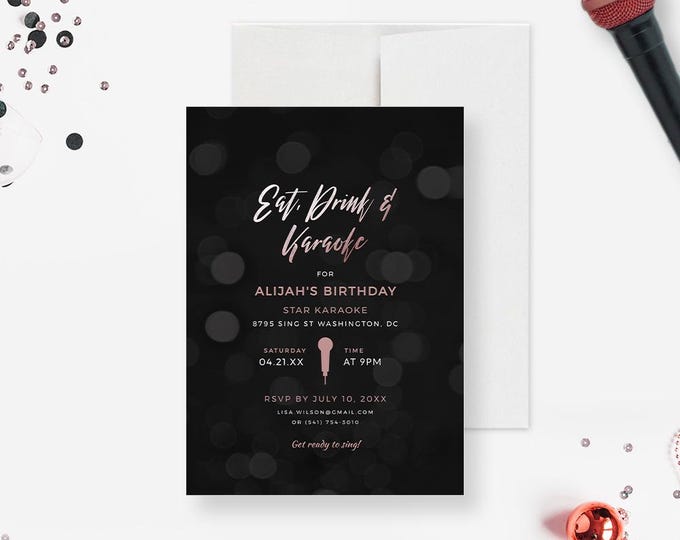 Karaoke Party Invite Template, Eat Drink Karaoke Birthday Digital Download, Singing Music Party Invitations for Teens and Adults