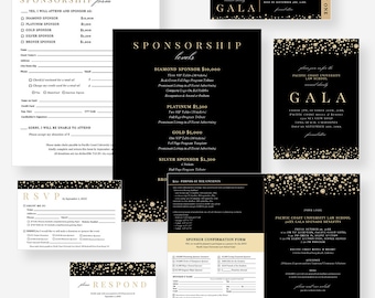 Black and Gold Gala Party Invitation Template, Business Sponsorship Form Digital Download, RSVP Card, Event Program Template, Ticket Invite