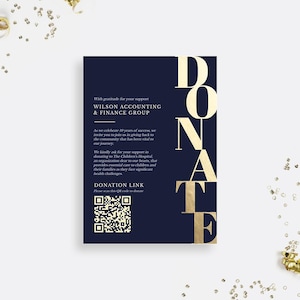 Modello di scheda di donazione in blu navy e oro, download digitale modificabile di raccolta fondi di beneficenza, scheda di raccolta fondi stampabile, download immediato di donazione