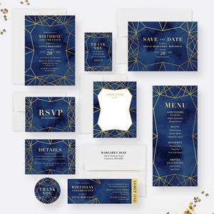 Elegant Adult Birthday Invitation Card with Gold Jewel Geometric Lines, Dark Blue Watercolor Invitations for Formal Birthday Celebration