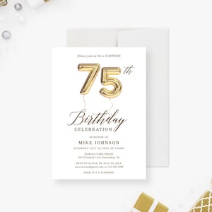 Plantilla de invitación para fiesta de cumpleaños número 75, descarga digital imprimible con globos para cumpleaños número 75, fiesta del 75.° aniversario de la empresa
