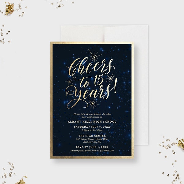 Cheers to 15 Years Digital Party Invitation with Starry Night Sky, 15th Business Anniversary Invites, Celestial 15th Wedding Anniversary