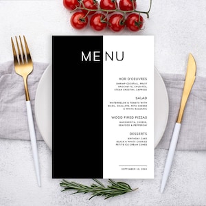 Modelo de cartão de menu de festa em preto e branco, cartão de menu para impressão para aniversários, festa de trabalho corporativa, modelo de menu de comida com tema em preto e branco