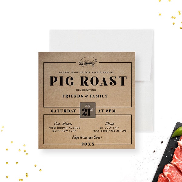 Roast Pig Party Invitation Barbecue Birthday Party, Spit Hog Roast BBQ Party Invite Cookout Party, Roast Pig Men's Birthday Backyard BBQ