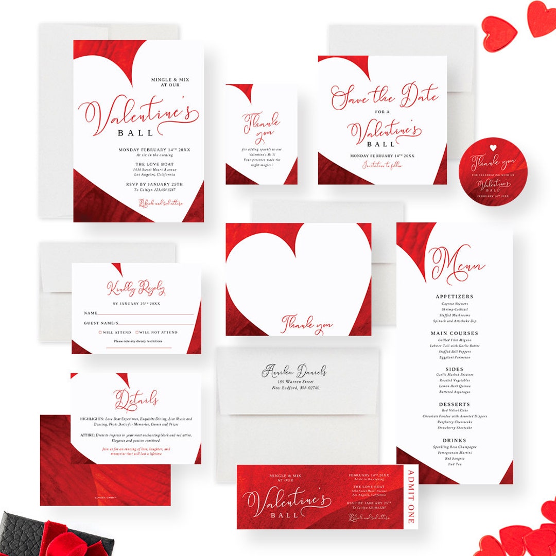 Red Invitation Card for Valentines Day Ball Party With Hearts, Love Day ...