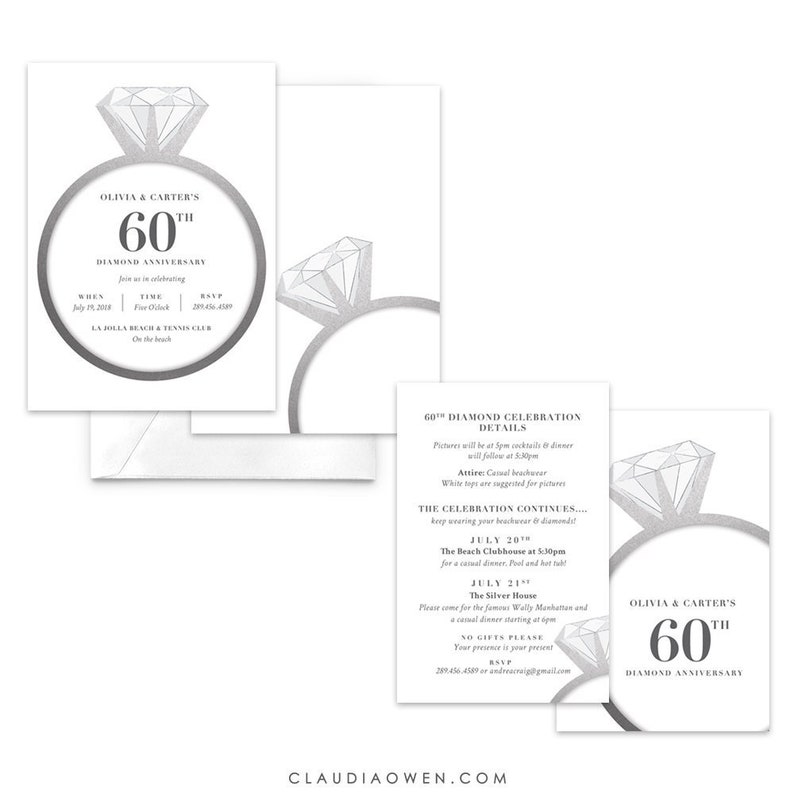 60th Wedding Anniversary Party Invitation and Details Card, Diamond Ring Engagement Party, We're Engaged Announcement