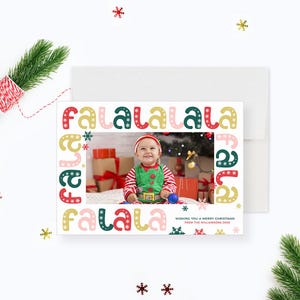 Kleurrijke kerstkaartsjabloon, gepersonaliseerde kerstkaarten met foto, wenskaarten voor Falalala-feestdagen, leuke bewerkbare kerstkaarten