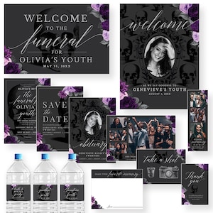 Funeral for my Youth Birthday Party Invitation Set Template, RIP 20s 30s 40s, rip Twenties Obituary Welcome Sign Gift Tag Take a Shot Bundle