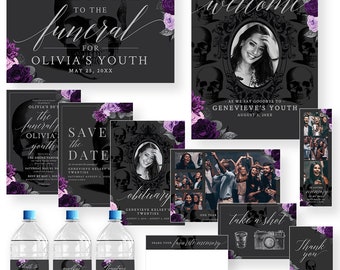 Funeral for my Youth Birthday Party Invitation Set Template, RIP 20s 30s 40s, rip Twenties Obituary Welcome Sign Gift Tag Take a Shot Bundle