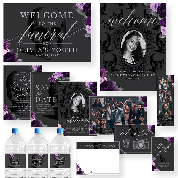 Funeral for my Youth Birthday Party Invitation Set Template, RIP 20s 30s 40s, rip Twenties Obituary Welcome Sign Gift Tag Take a Shot Bundle